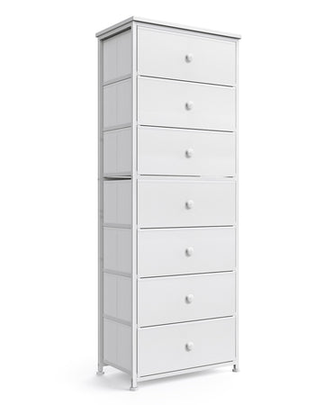 Tall Fabric Dresser, Vertical Storage Organizer Tower with 7 Drawers, Chest of Drawers with Bins, Steel Frame, Wood