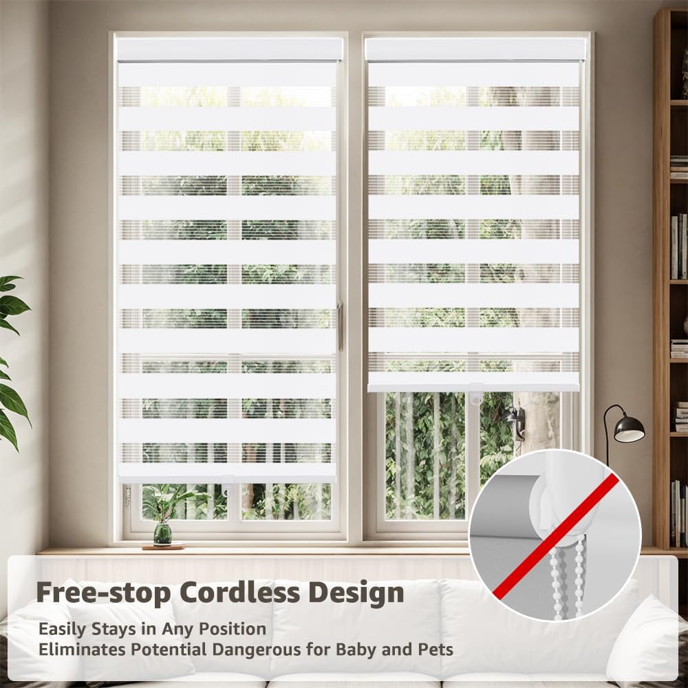 Cordless Zebra Blinds for Window, French Door Blinds Free-Stop Roller Window Shades with Valance 35" W x 90" H, Light