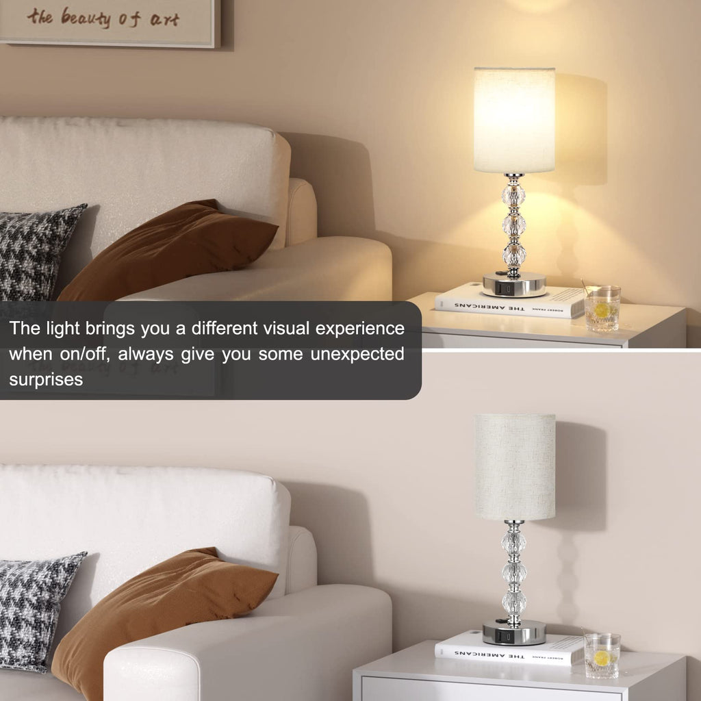 White Touch Bedside Lamps s - Crystal Table Lamp with USB C+A Charging Port and AC Outlet Nightstand, 3 Way Dimmable