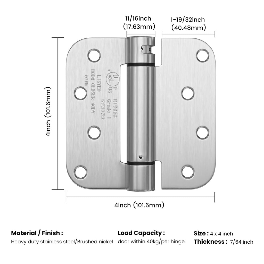 3 Pack 4Inch Brushed Nickel Spring Door Hinges 5/8" Radius Corner