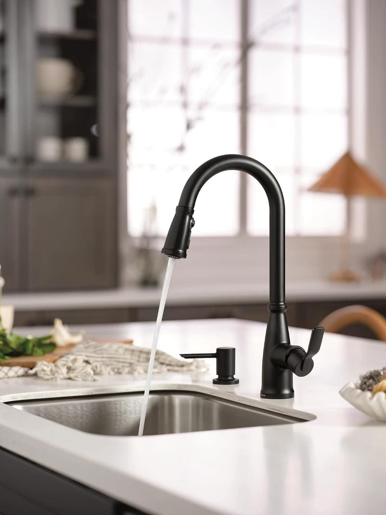 Nolia Matte Black Kitchen Faucet with Soap Dispenser, Pull Down Sprayer with Power Boost, Transitional High Arc