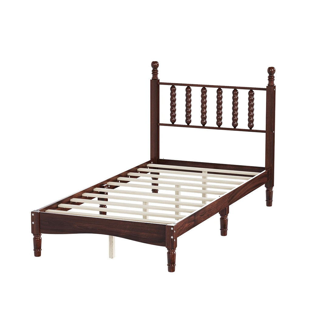 Walnut Wood Bed Frame Traditional with Spindle Headboard, Vintage Platform Bed Frames, Retro Bedframe