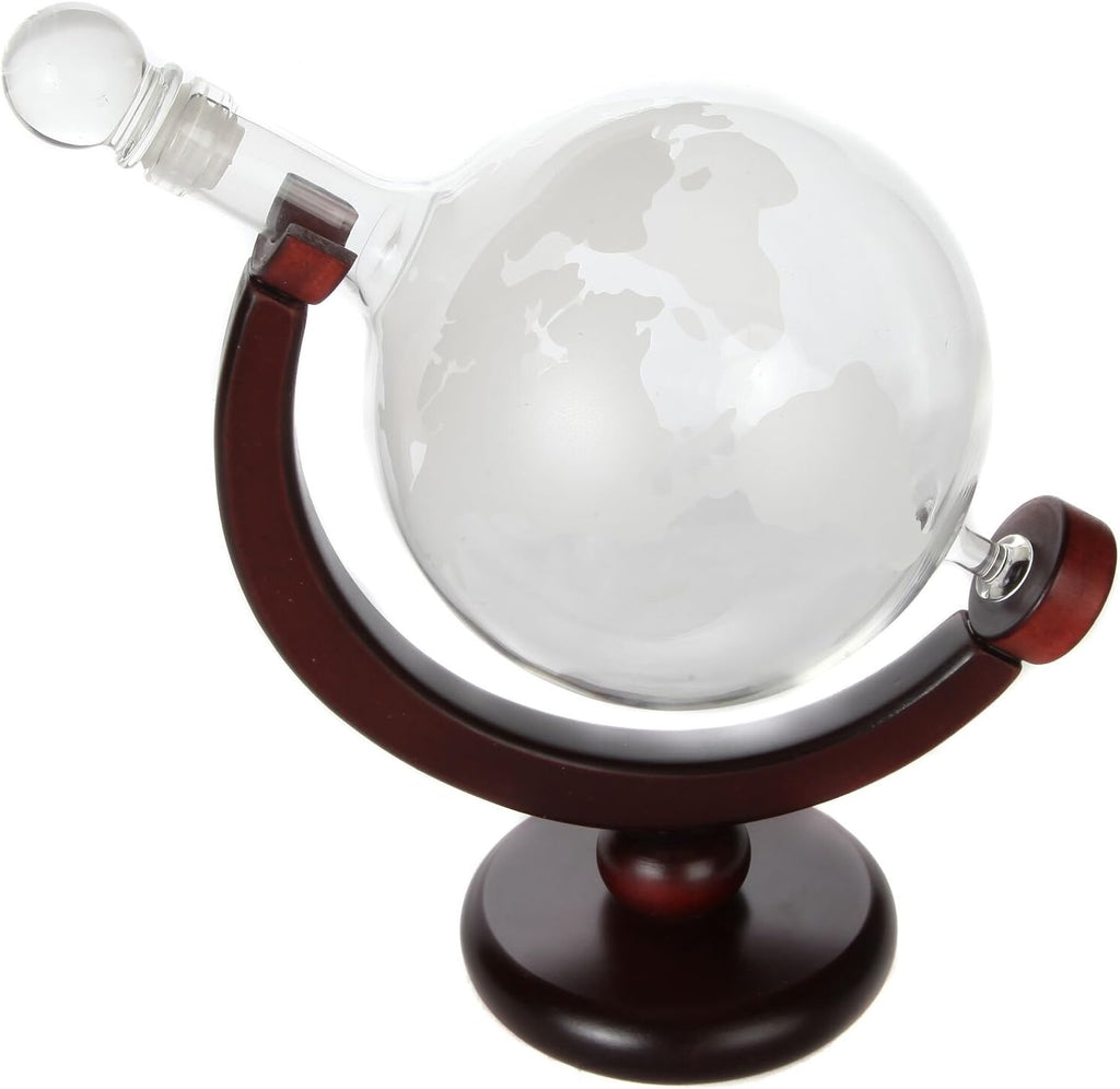 World Globe Whiskey Decanter with Dark Finished Wood Stand, Bar Funnel, and 2 Matching Glasses (850 ml)