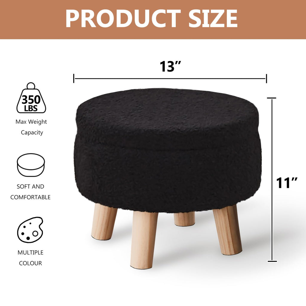 Storage Ottoman, Modern Round Footrest with Soft Padded Seat, Teddy Velvet Footstool with Wood Legs, Accent Small