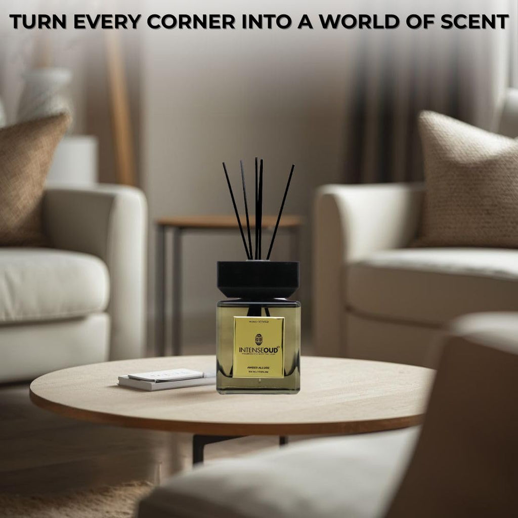 Reed Diffuser with Amber Allure (17.6 OZ) - Long-Lasting Aromatherapy Diffusers with 6 Reed Sticks & Refillable
