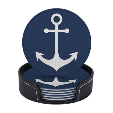 White Nautical Anchor On Navy Blue Premium Leather Coasters - Set of 6 with Holder, Stylish Beverage Coasters