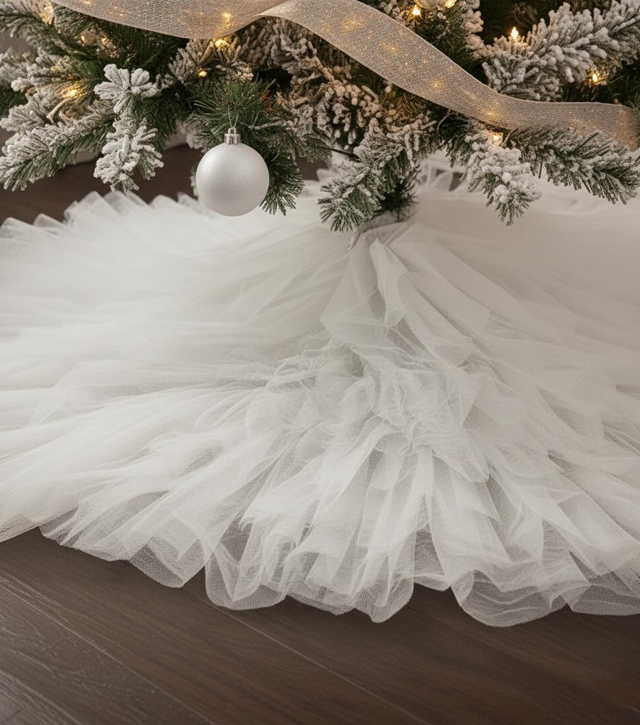 60 Inch Fluffy Tulle Christmas Tree Skirt Vintage and Elegant Design Perfect Decorations White