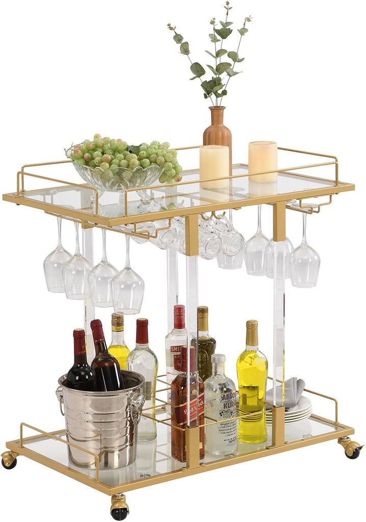 Bar Cart Bar Chrome Serving Cart with Wine Rack 2-Tier Acrylic Rolling Bar Carts on Wheels Clear Dessert Cart Lucite