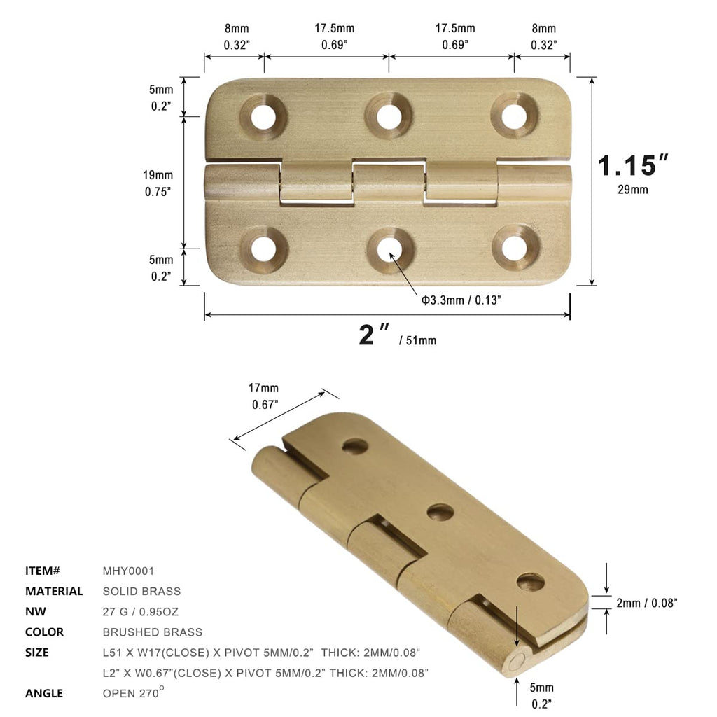2 Inch Brushed Solid Brass Butt Hinges with Screws, 4 PCS
