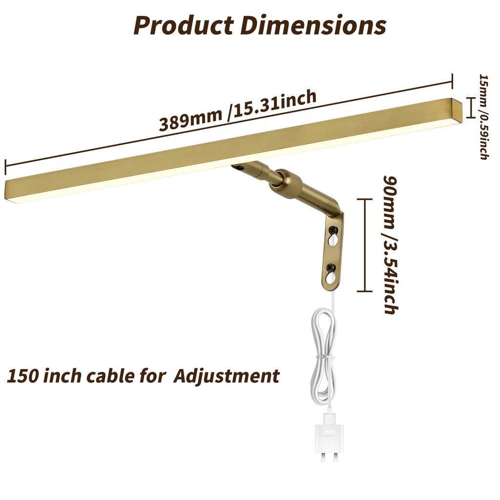 Brass Picture Lights for Paintings Plug in, 16" 4W Adjustable LED Gold Picture Light Art Light, Remote Control