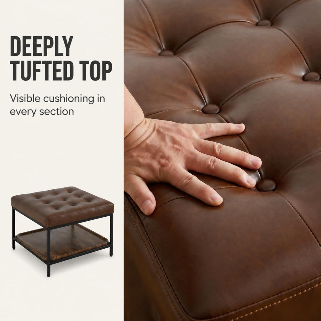 Square Ottoman Coffee Table with Storage Bench, Brown Faux Leather