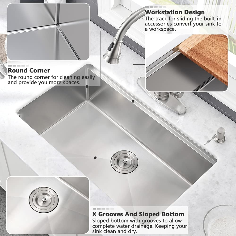 33 Inch Undermount Kitchen Sink Workstation Stainless Steel Sink