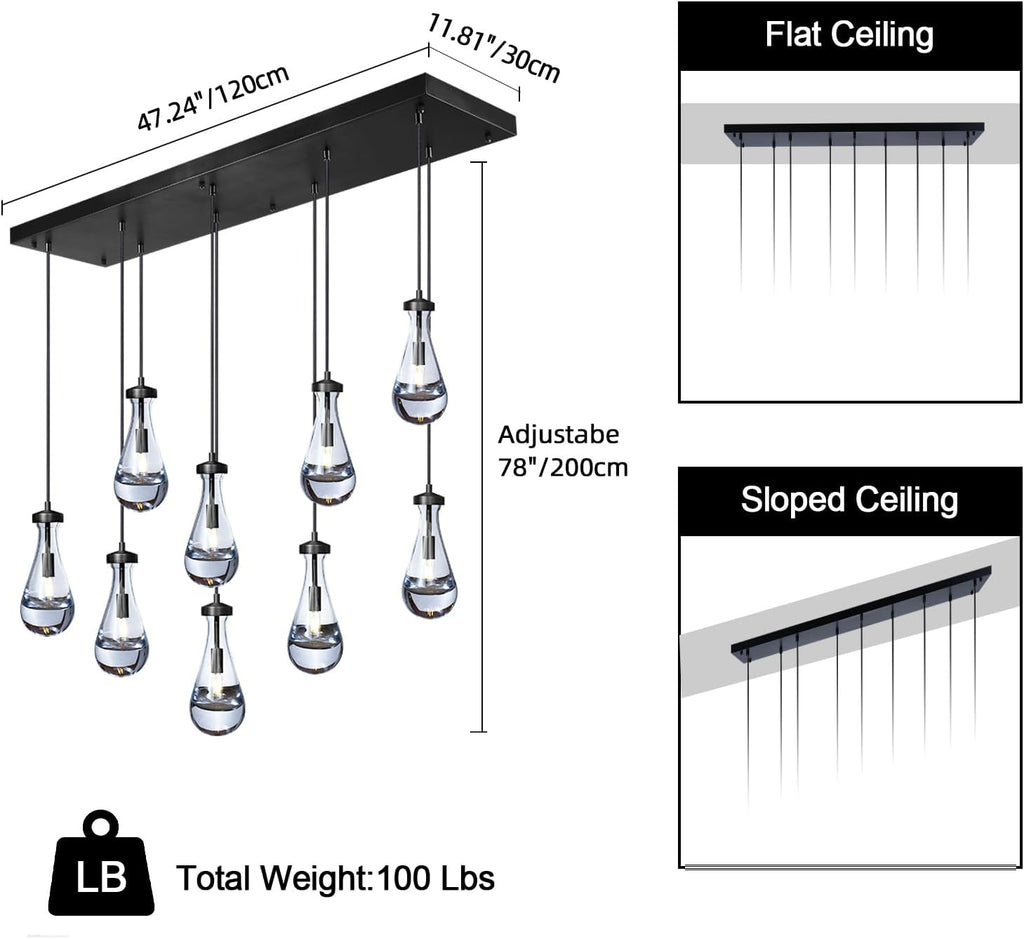 Raindrop 9-Light Chandeliers for Dining Room, Black Dining Room Lights Fixture Over Table, Teardrop Pendant Lights Kitchen Island, Adjustable Rope Hanging Lamp Ceiling for Entryway Foyer A121-B0CH9N8VRR