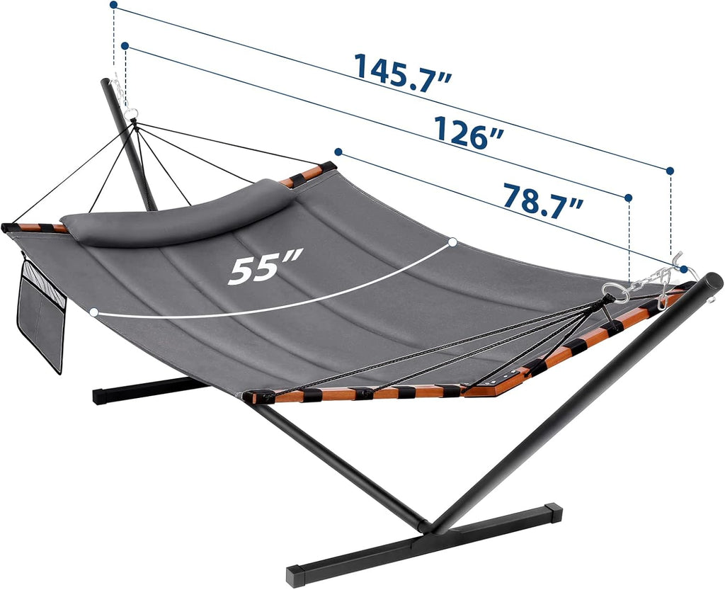 12FT 2 Person Hammock with Stand Included 55 x 79IN Large Hammock 450LB Capacity with Hardwood Spreader Bar & Nylon