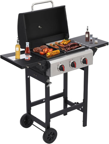 3-Burner Propane Gas Grill, 31,500 BTU Outdoor BBQ with Cast Iron Grates and Side Burner for Patio, Backyard, Tailgating, and Camping