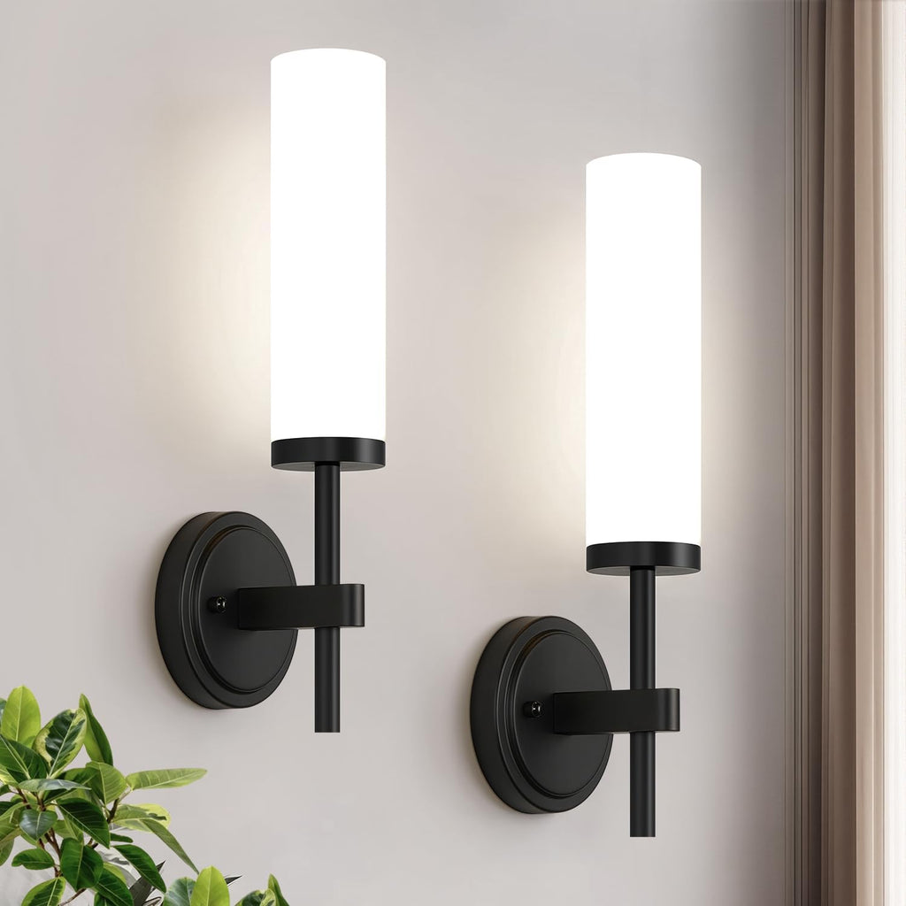 Hardwired] Wall Sconces Set of Two, Matte Black Bathroom Sconces with Milky White Glass, Modern Wall Light Fixtures