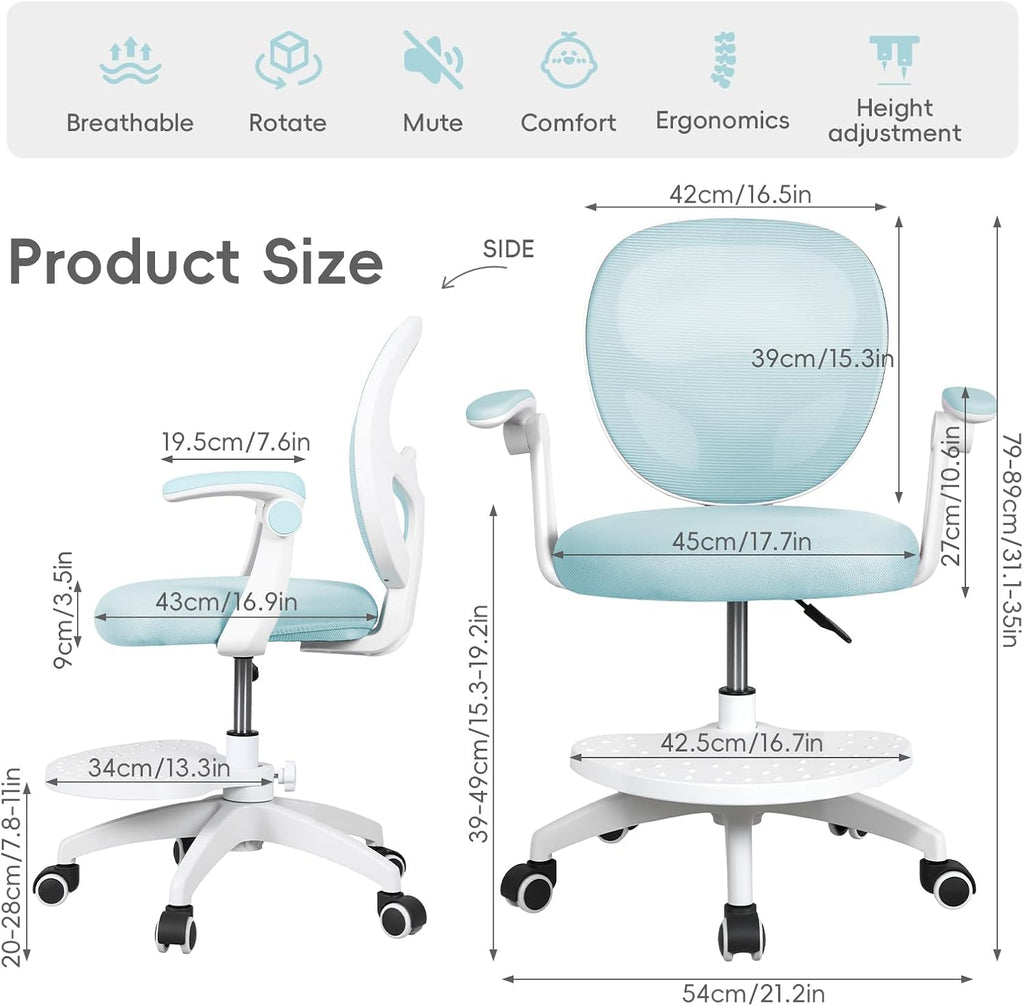 Kids Desk Chair with Adjustable Footrest and Flip Arms for Study