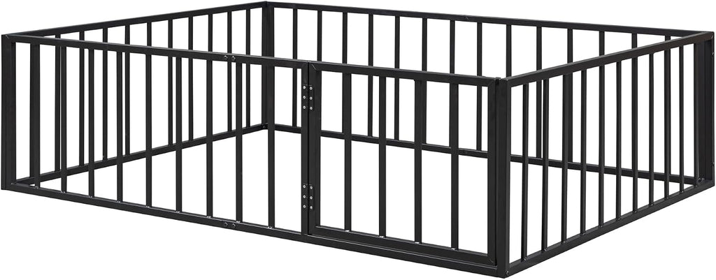 Floor Bed with Fence and Door, Heavy Duty Metal Montessori Floor Bed with Rails, Low-Profile Montessori