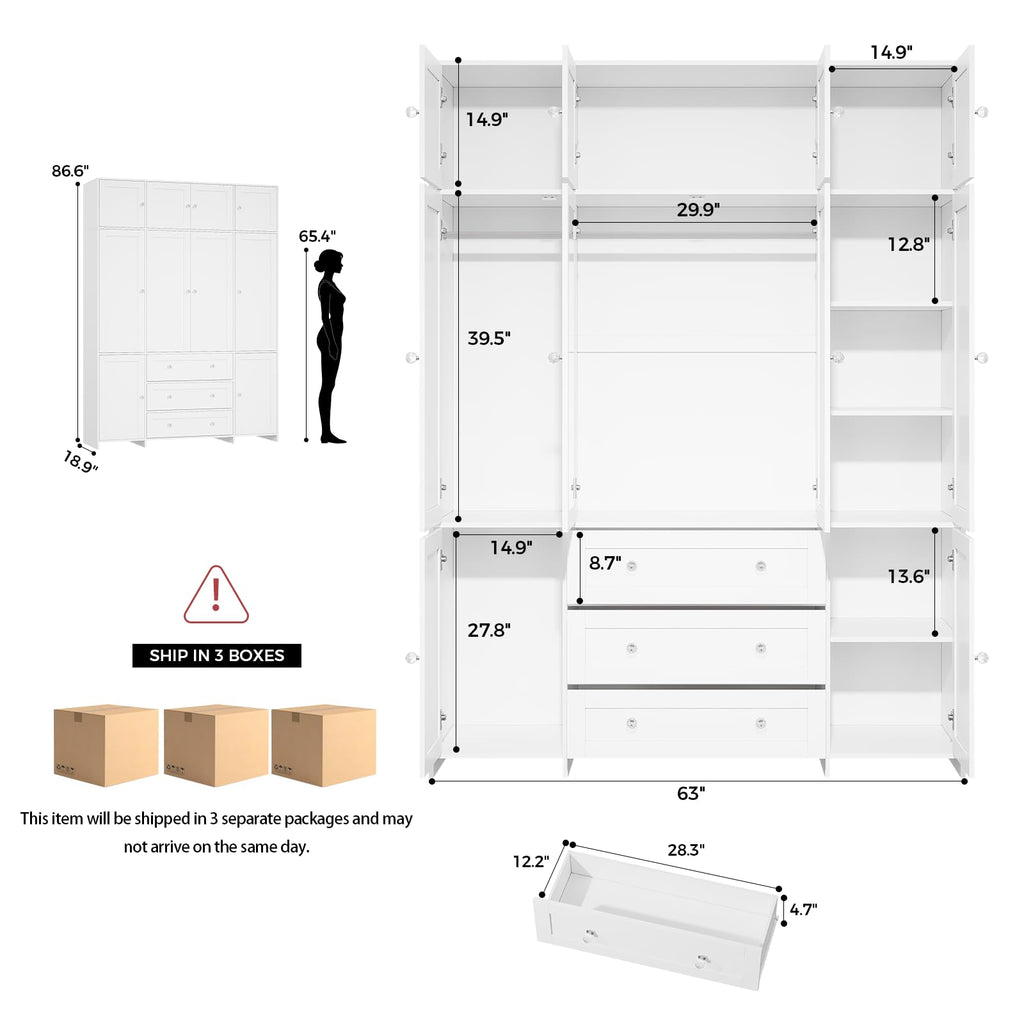 87" H Armoire Wardrobe Closet with Top Cabinets and Mirror