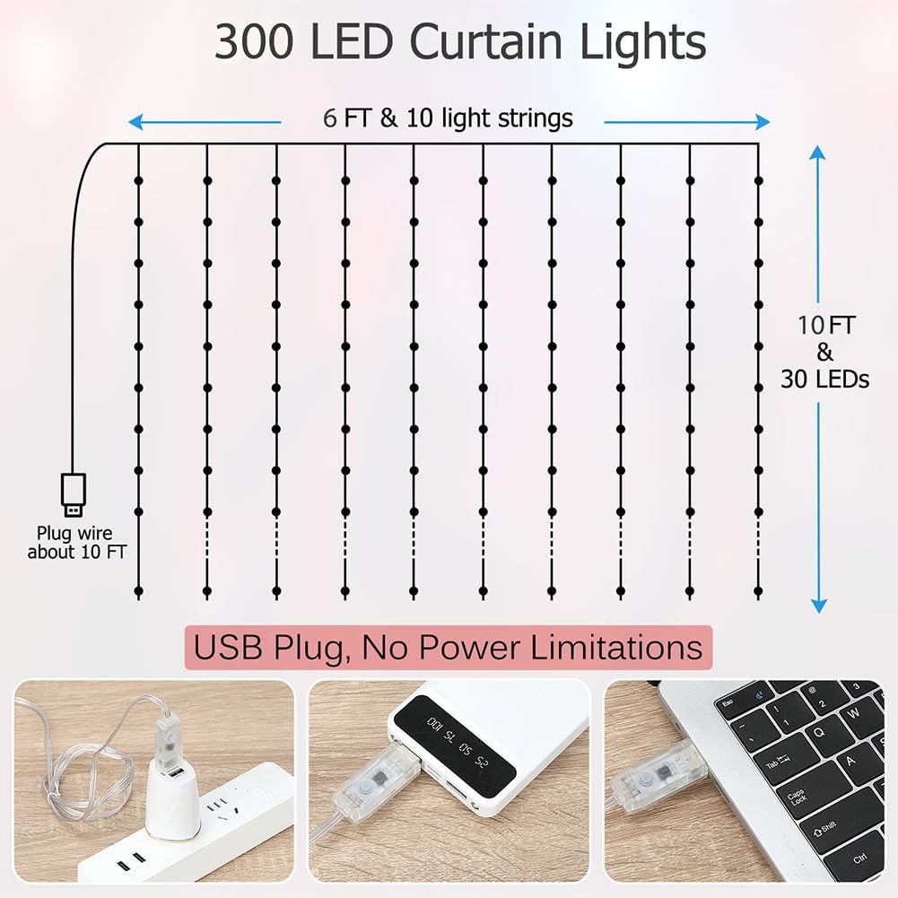 Fairy Curtain Lights 10ft x 10ft, 300 LED Twinkle String Lights