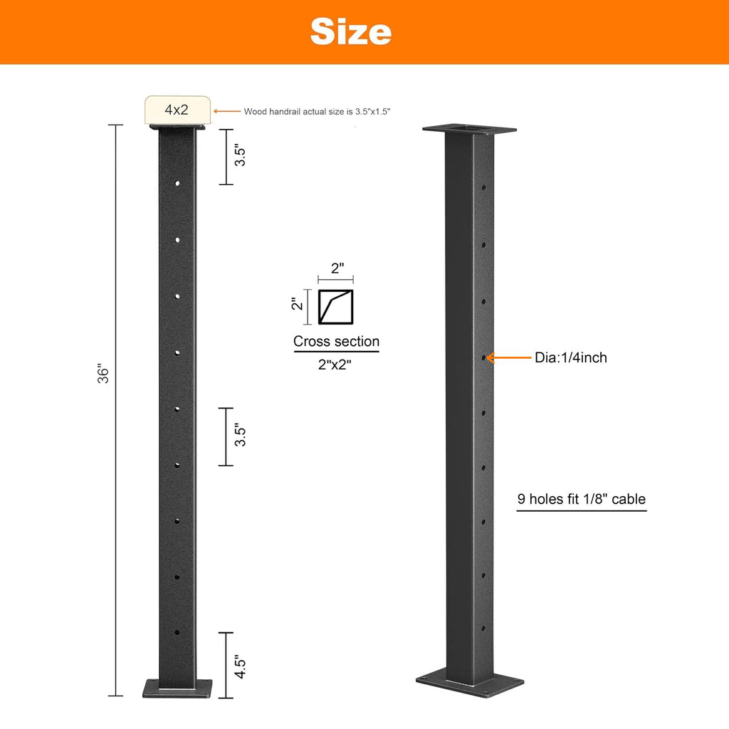 2 Pack Stainless Steel Cable Railing Post(2"×2") with 1/8 Cable Railing Kit, Level drilled (2, Black, 36 inch)