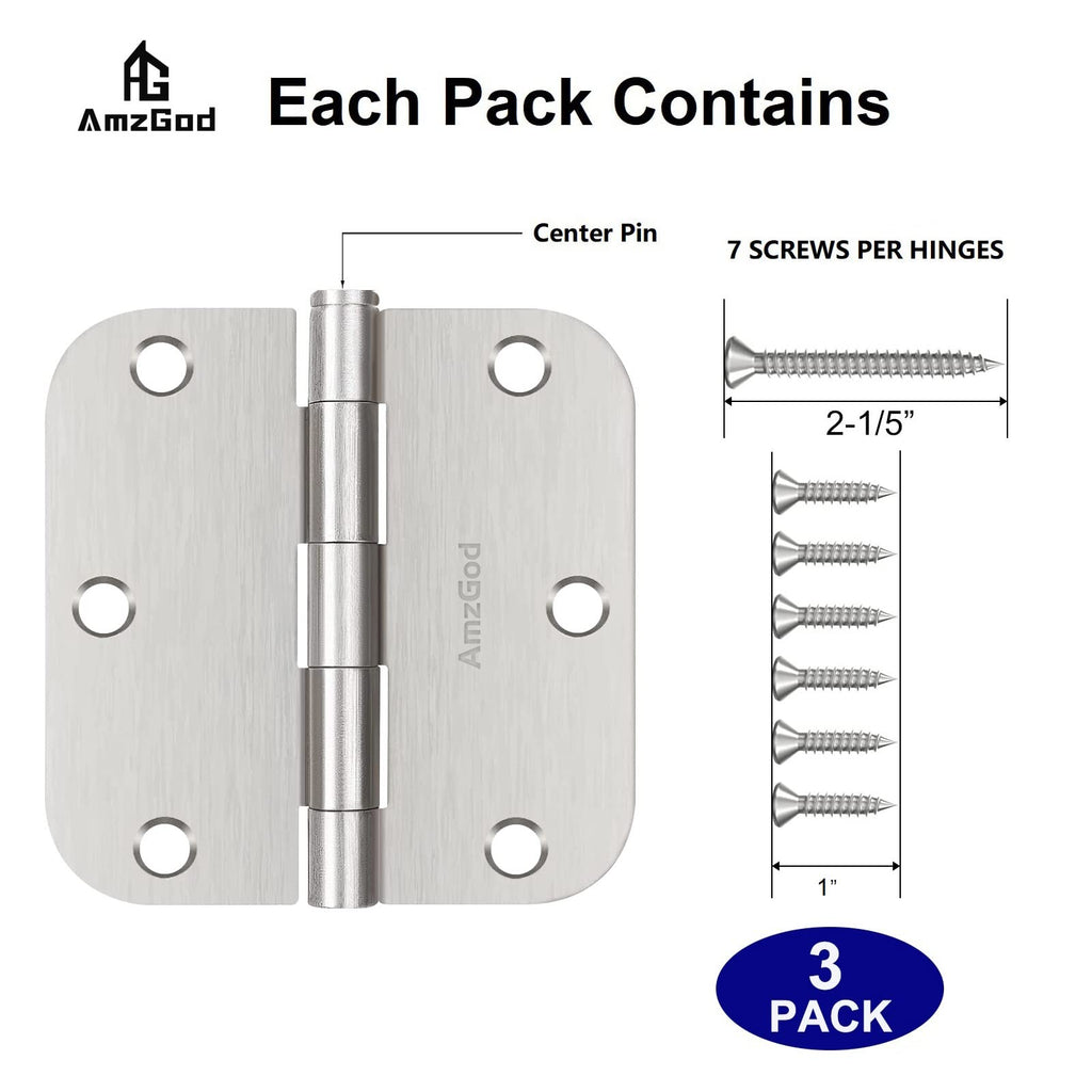 Door Hinges Brushed Nickel - 3 Pack Satin Nickel 3.5 Inch Rounded Interior Door Hinges with 5/8" Radius - Flat Iron