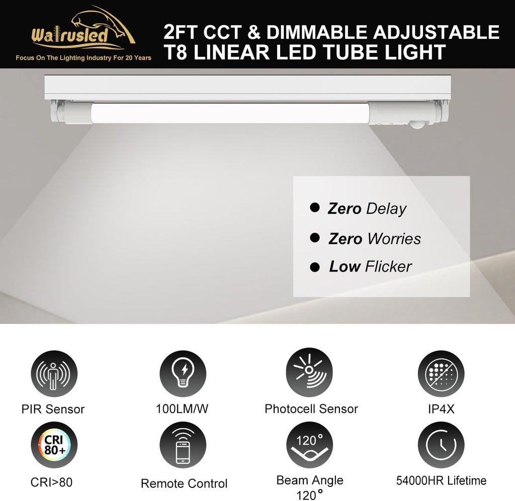 T8 LED Tube Light 2FT with Photocell and PIR Motion Sensor, Remote, Dimmable, IP4X, G13, 120V, CCT, 10W, 1000 LM, LED