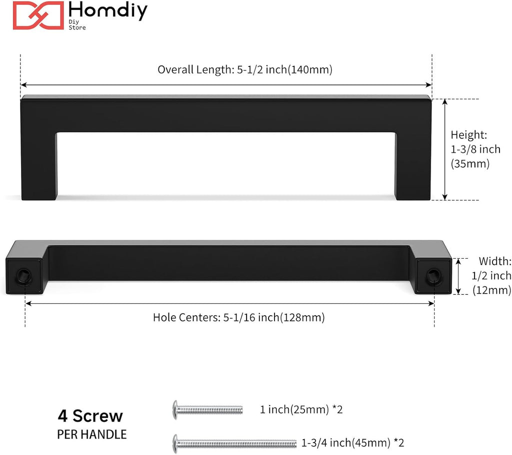 30 Pack Black Cabinet Handles 5-1/16 Inch(128 mm) Hole Centers Matte Black Cabinet Pulls Stainless Steel Drawer Dresser
