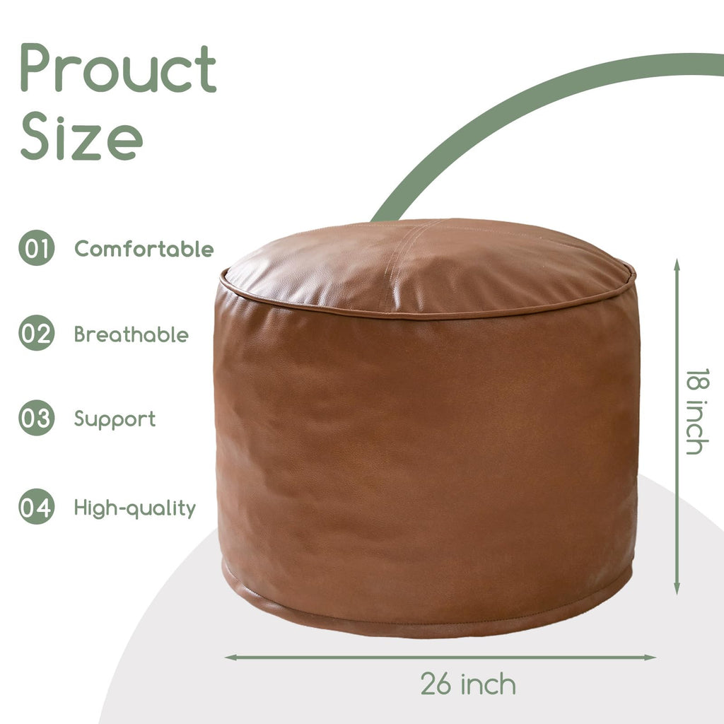 Round Stuffed Pouf Ottoman, Pu Leather Poufs with Foam Chunk Filling Foot Stool Storage Ottoman, 26 X 18 Floor Poufs