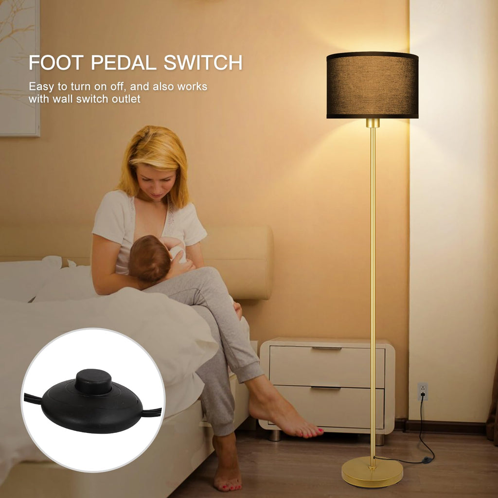 Gold Floor Lamps, Modern Bright Standing Lamp, Black Lamp Shades, Foot Switch, Simple Pole Lamps Corner Lamp, Den