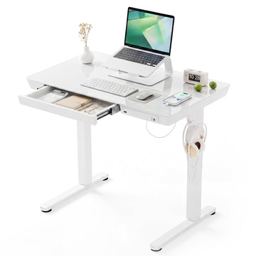 Glass Standing Desk with Drawers, 32 Inch, White