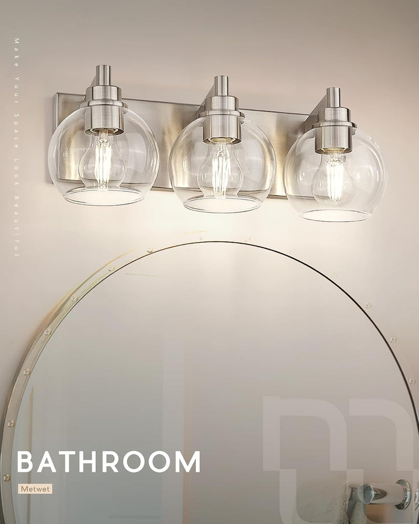 Bathroom Light Fixtures, 3-Light Brushed Nickel Vanity Light, Modern Wall Sconces with Globe Clear Glass Shade