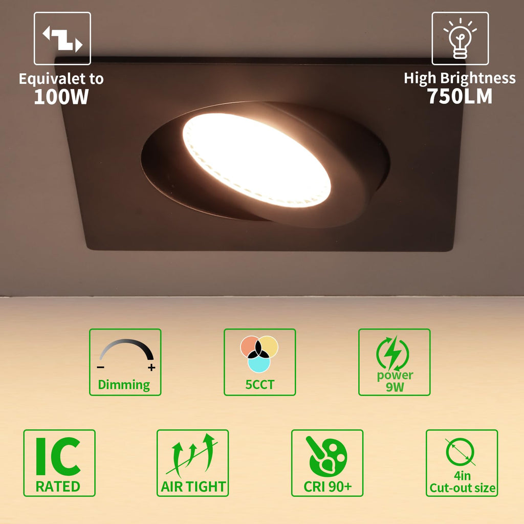 Black Square Gimbal Recessed Spot Lights 4 Inch 6 Pack,dimmable