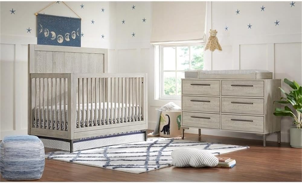 Contemporary Wood Convertible Crib, 50" H x 55.35" W x 30" D, Solid Hardwood, Willow Gray Finish, Adjustable Mattress