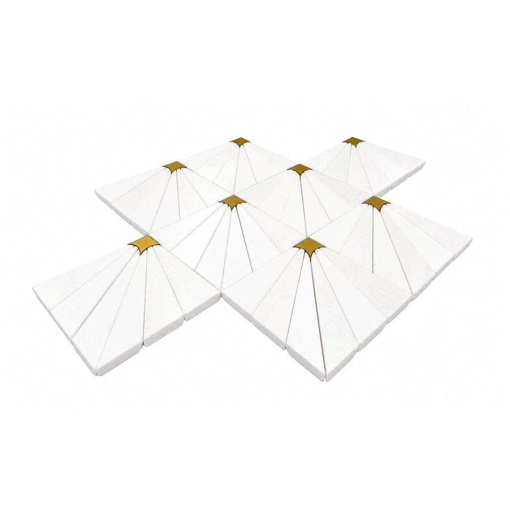 Marble Mosaic Tile Shower and Bathroom Walls, Thassos Marble with Brass Accent, Waterjet Backsplash Tile, 11" × 11"