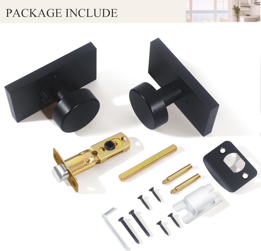 Matte Black Door Knobs Interior with Lock, Modern Privacy Rectangle Door Knob Door Handles Bedroom