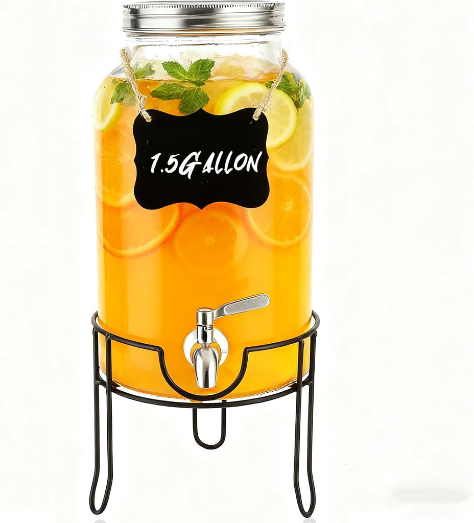 1.5 Gallon with Stand and Lid for Parties,Glass Drink Dispenser with Stainless Steel Leakproof Spigot,Mason Jar Drink
