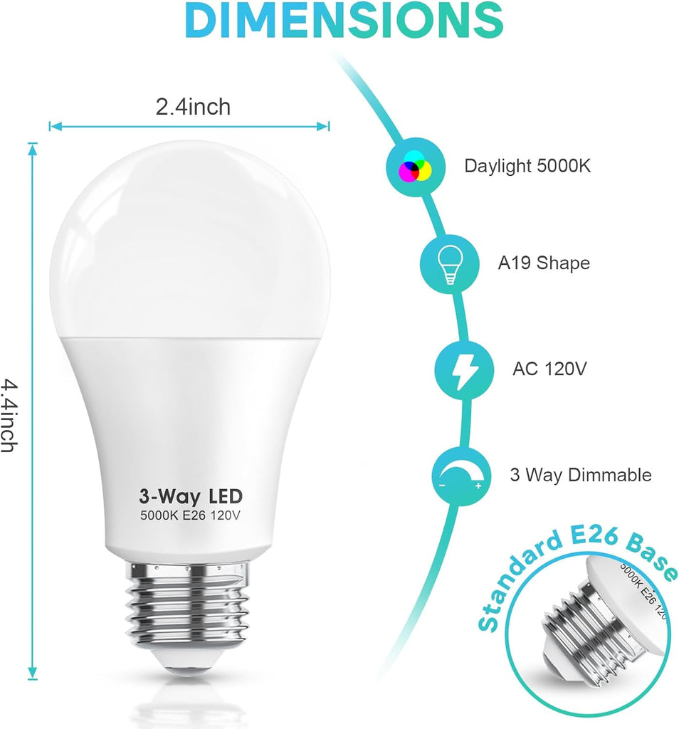 3 Way LED Light Bulbs 50 100 150W Equivalent, Daylight White 5000K