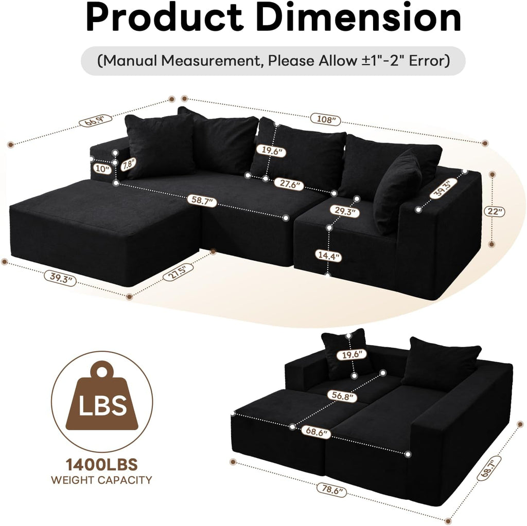 Vamcheer Modular Sectional Sofa - Modern L Shaped Boneless Couch with Deep Seat