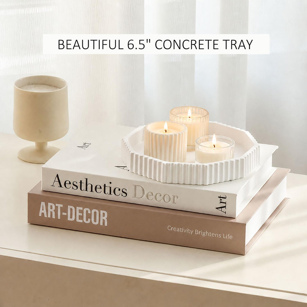 Decorative Concrete Tray & Linen Faux Book Box Set, Scalloped Coffee Table Tray with Hidden Storage, Beige Modern