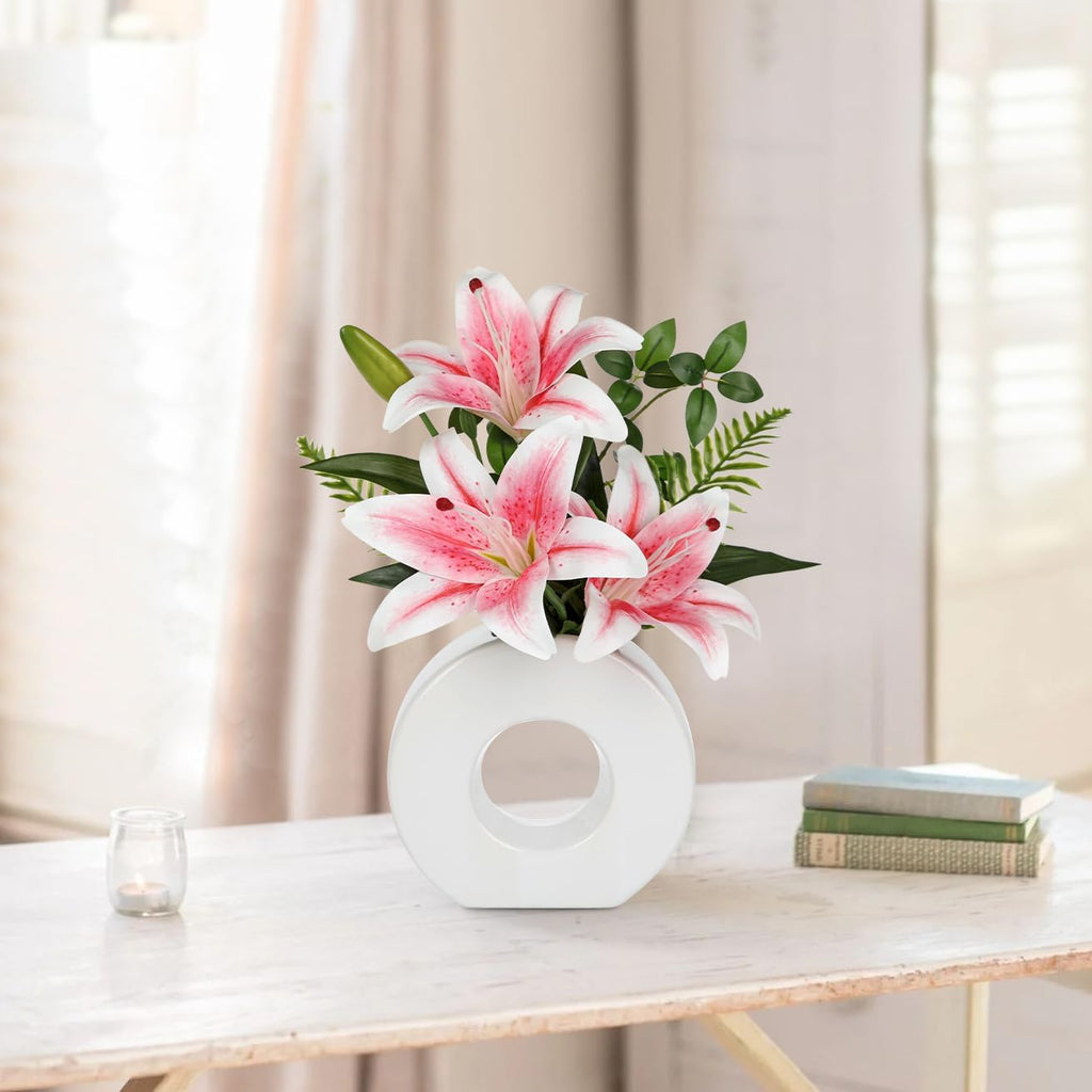 Faux Lily Pink 13" Artificial Flower in Vase for Wedding Home Decoration - Set of 4
