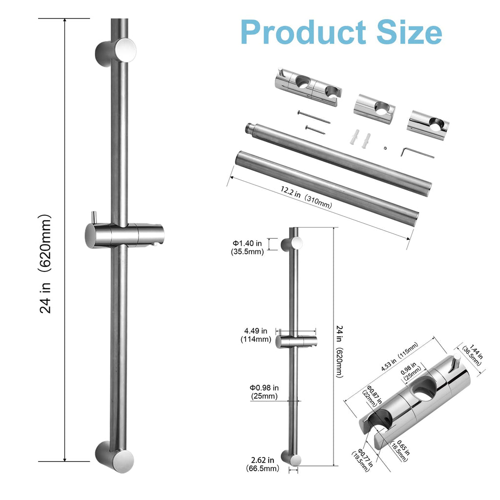 Shower Slide Bar Combo, 24 in Segmental Slide Bar with 6-Mode High Pressure Handheld Shower Head and 60 in Stainless