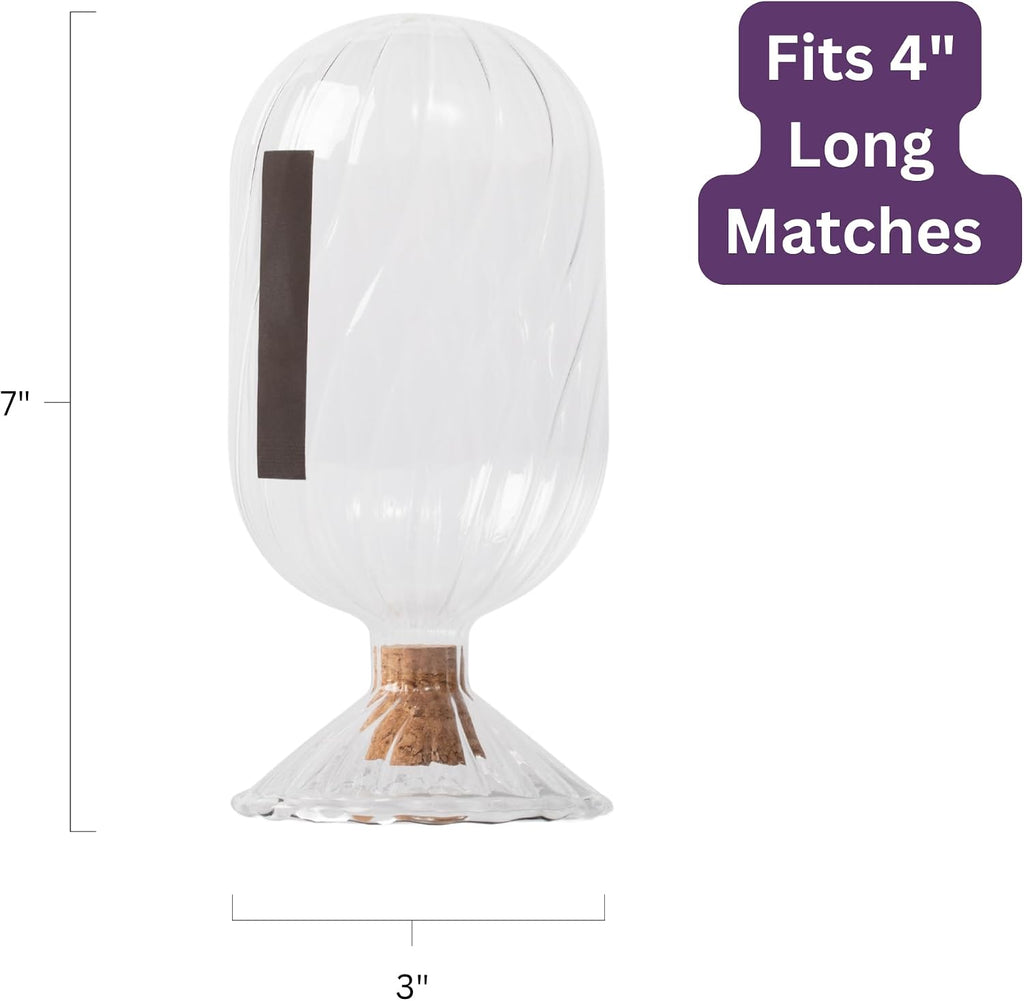 Premium Helix Glass Cloche - Decorative Jar with Striker. Holder for Long Matches for Candles, Fireplace, Bathroom