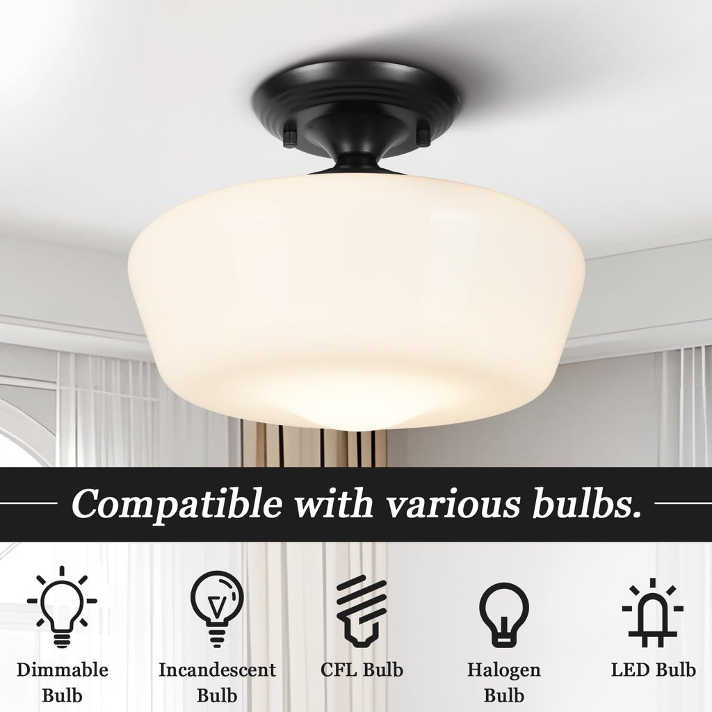 Schoolhouse Style Semi Flush Mount Ceiling Light Fixture, 12" Modern Hallway Ceiling Lamp with Opal Milk Glass Shade