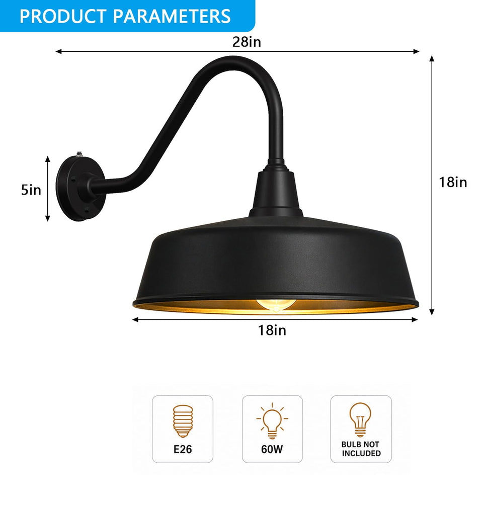 18" Large Outdoor Gooseneck Barn Lights, Dusk to Dawn, 2-Pack