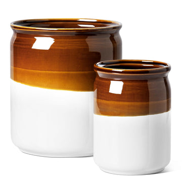 Kitchen Utensil Holder for Countertop, Ceramic Utensil Crock Set of 2, Rustic Brown Holder for Spatulas, Spoons