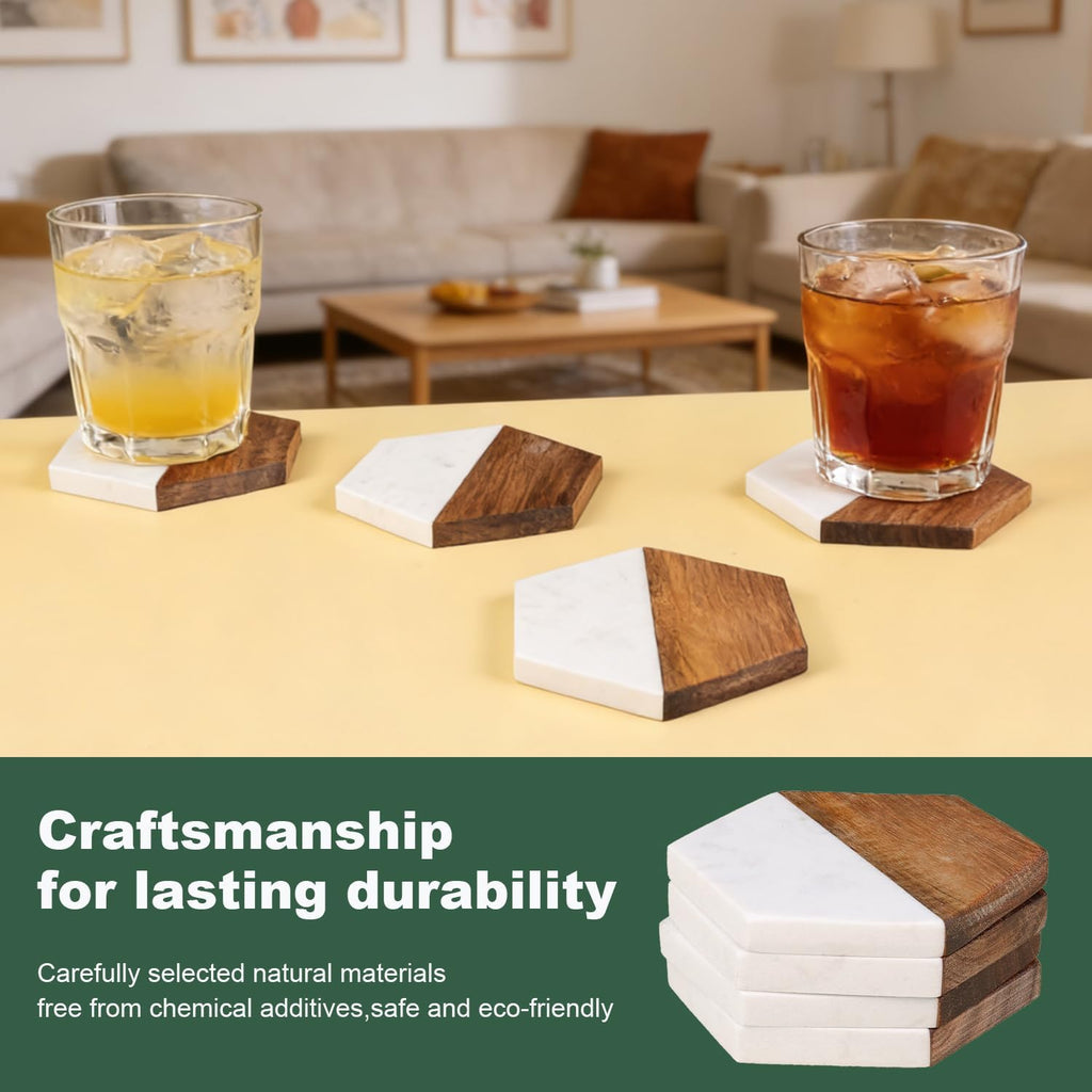 Marble Wood Coasters, Fun & Cute Drink Coasters for Coffee Table, Coffee Bar Decor & Desk Accessories, White - Set of 4