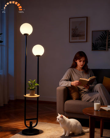 63IN 2-Globe Floor Lamp Dimmable Tall Standing Lamps with Table 3000K Warm White Unique Vintage Modern Mid Century