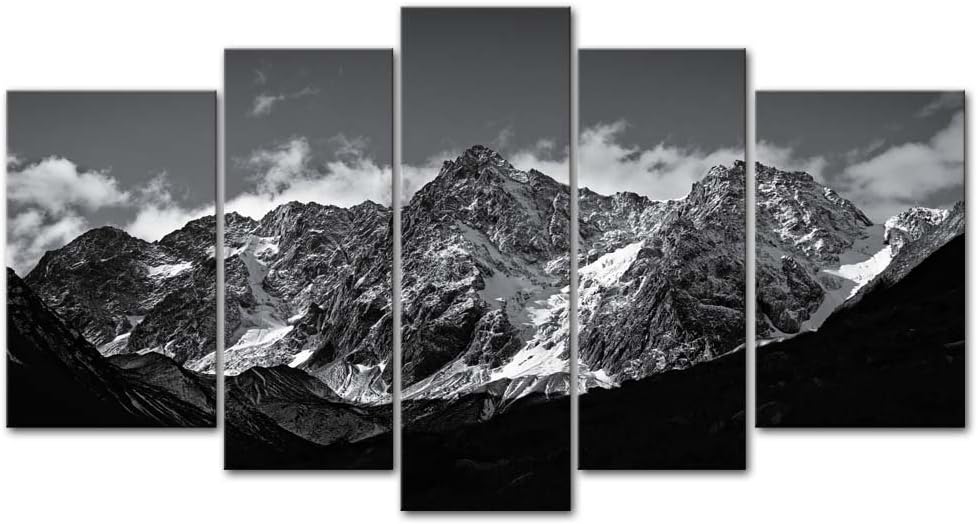 Canvas Wall Art Mountain Black and White Snow Mountain Landscape Picture 5 Pieces Prints On Canvas Modern Giclee