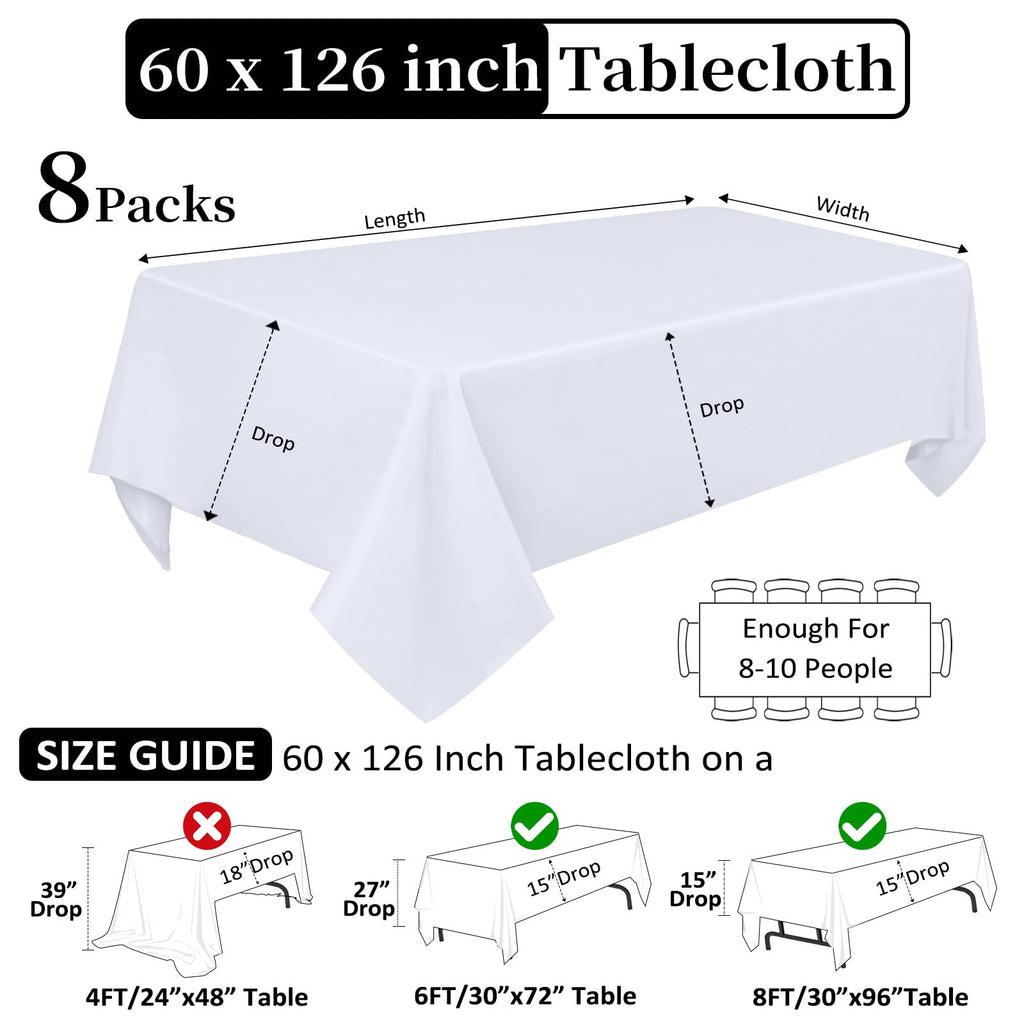 8 Pack White Rectangular Table Cloth 60 x 126 Inch for 8 Foot Table